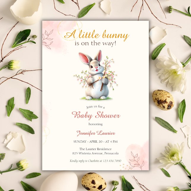 Convite Pequeno Chá de fraldas de Páscoa Floral Coelho (Little Bunny Cute Floral Easter Baby Shower Invitation)