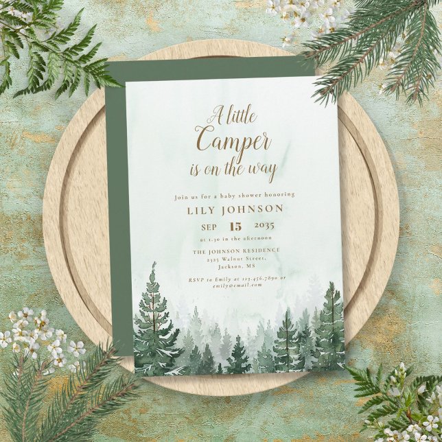 Convite Pequeno Chá de fraldas de Pinheiros Aventura (Little Camper Adventure Pine Forest Baby Shower Invitation)