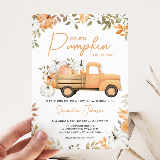 Convite Pequeno Chá de fraldas de Pumpkin (Little Pumpkin Truck Fall Baby Shower Invitation)