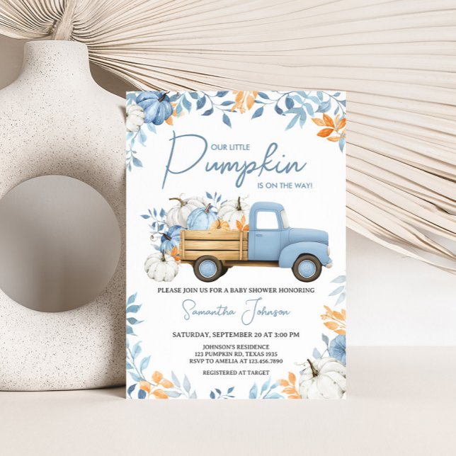 Convite Pequeno Chá de fraldas de Queda de Caminhão Azul (Blue Little Pumpkin Truck Fall Baby Shower Invitation)