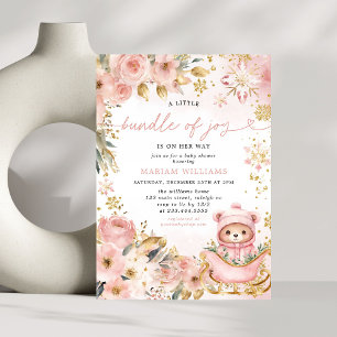 Convite Pequeno Chá de fraldas de Urso Floral Rosa Rosa