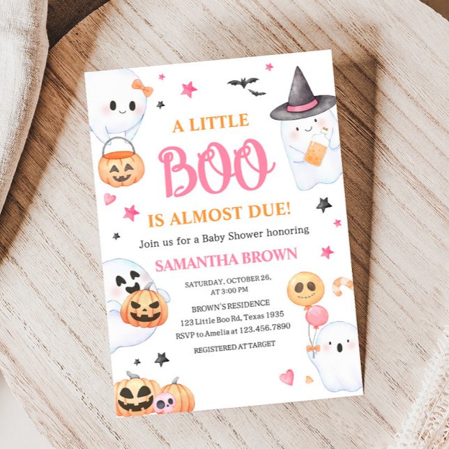 Convite Pequeno Chá de fraldas do Dia das Bruxas Rosa Ghos (A Little Boo Baby Shower Invitation )