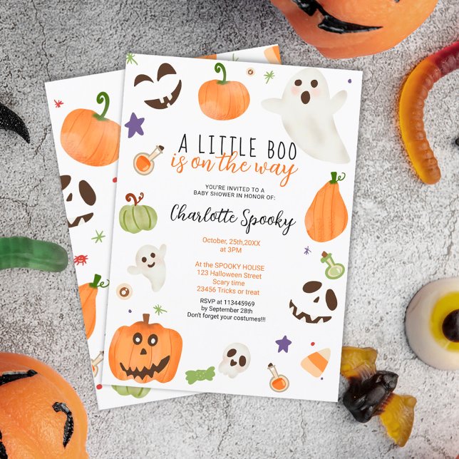 Convite Pequeno chá de fraldas do Halloween neutro e bonit (Cute neutral Halloween little boo baby shower Invitation)