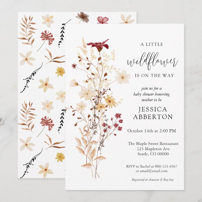 Convite Pequeno Chá de fraldas Flor de Flor Selvagem (Frente/Verso)