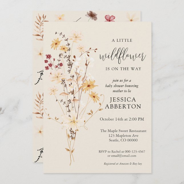 Convite Pequeno Chá de fraldas Flor de Flor Selvagem (Frente/Verso)