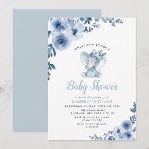 Convite pequeno chá de fraldas floral azul elefante