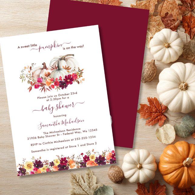 Convite Pequeno Chá de fraldas Floral de Abóbora (Burgundy Little Pumpkin Fall Floral Baby Shower Invitation)