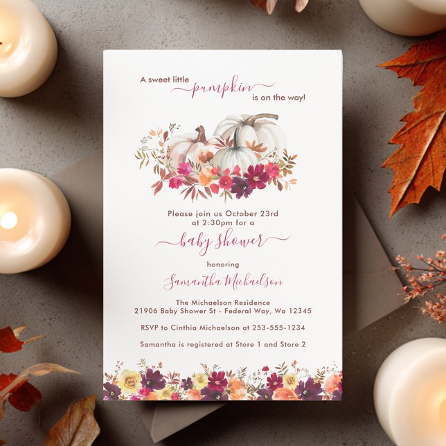 Convite Pequeno Chá de fraldas Floral de Abóbora (Little Pumpkin Fall Floral Baby Shower Invitation)