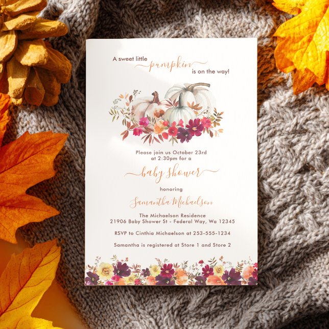 Convite Pequeno Chá de fraldas Floral de Abóbora (Little Pumpkin Fall Floral Baby Shower Invitation)