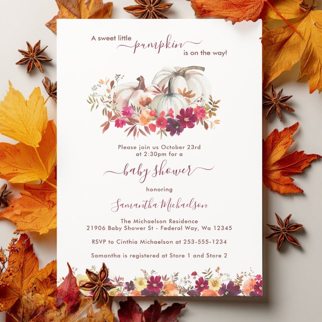 Convite Pequeno Chá de fraldas Floral de Abóbora (Little Pumpkin Fall Floral Baby Shower Invitation)