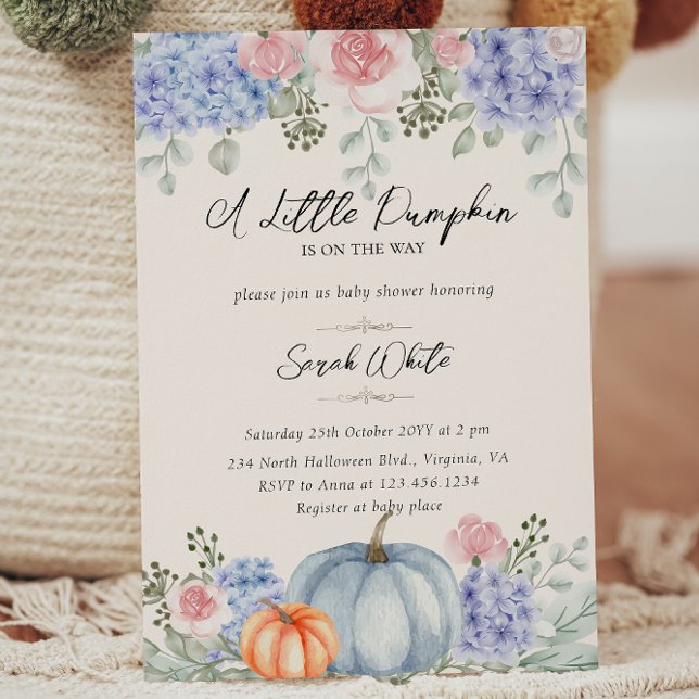 Convite Pequeno Chá de fraldas Floral de Abóbora no Hallow (Little Floral Pumpkin Halloween Fall Baby Shower Invitation)