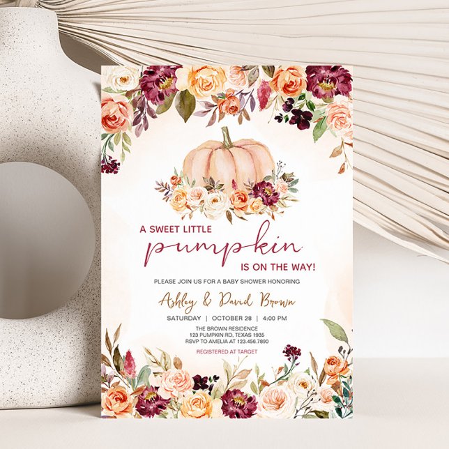 Convite Pequeno Chá de fraldas Floral de Pumpkin (Burgundy Floral Baby Shower Invitation )