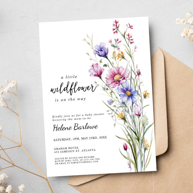 Convite Pequeno Chá de fraldas Floral Elegante de Flor Sel (Little Wildflower Elegant Boho Floral Baby Shower Invitation)