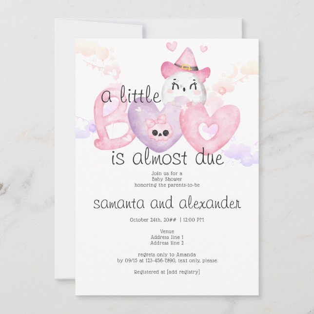 Convite Pequeno Chá de fraldas Gótico de Coqueta Rosa BOO (Frente)