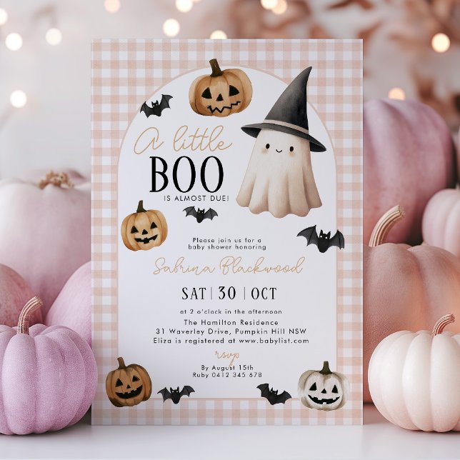 Convite Pequeno Chá de fraldas Laranja Fantasma Pumpkin (A little Boo is almost due! Orange halloween themed baby shower invitation with ghost and pumpkins)