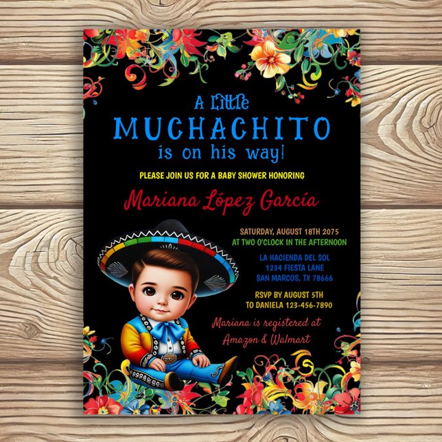 Convite Pequeno Chá de fraldas Muchachito Charro Fiesta (Boy festa baby shower invitation with adorable little Muchachito on color floral background. )