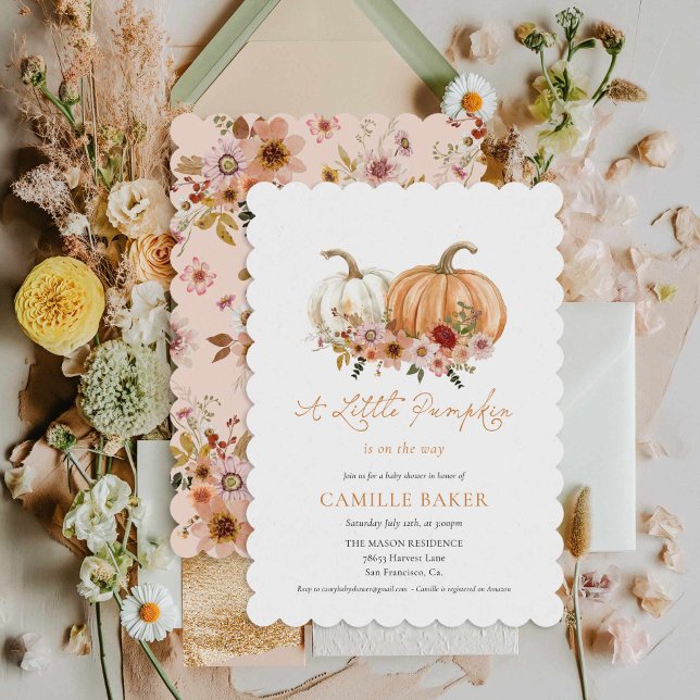 Convite Pequeno Chá de fraldas Pumpkin Boho Floral (Pumpkin Floral Fall Girl Baby Shower Invitation)