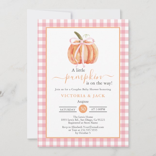 Convite Pequeno Chá de fraldas Pumpkin Pink Gingham Fall (Frente)
