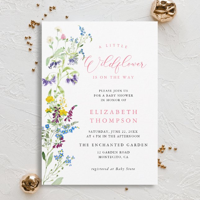 Convite Pequeno Chá de fraldas Rosa Jardim de Flores Selva (wildflowers baby shower invitation little garden elegant pink watercolor modern calligraphy)