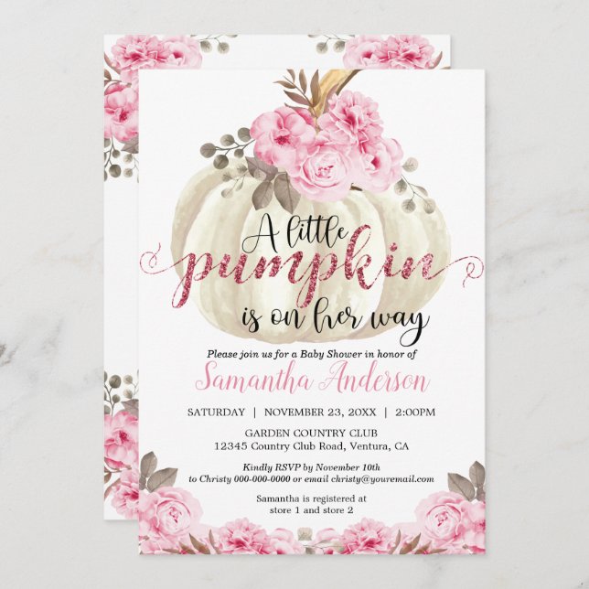 Convite Pequeno Chá de fraldas Rosa-Rosa Pumpkin Branco (Frente/Verso)