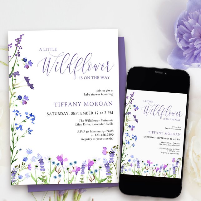Convite Pequeno Chá de fraldas Roxo Elegante de Flor Selva (Little Wildflower Baby Shower Invitation from my Purple Wildflower Collection.
)