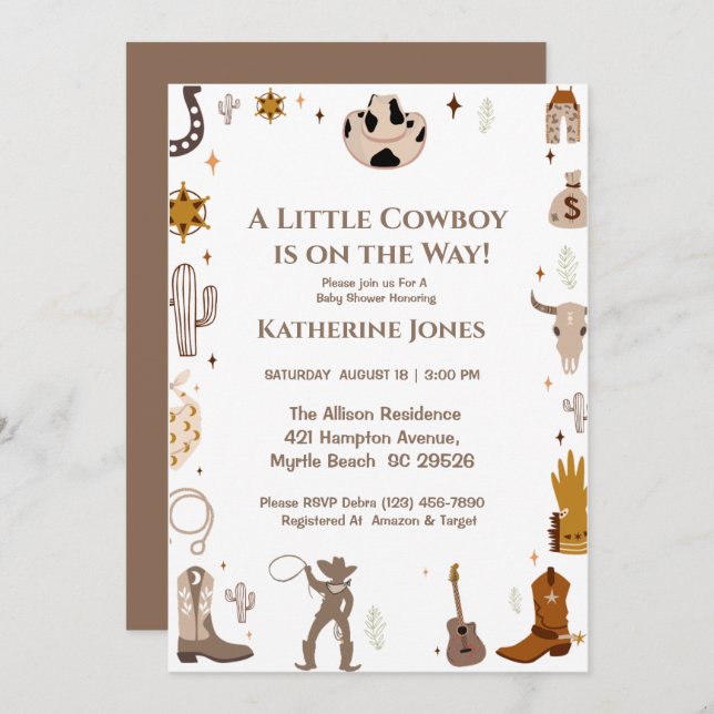 Convite Pequeno Chá de fraldas Russo de Cowboy Ocidental (Frente/Verso)