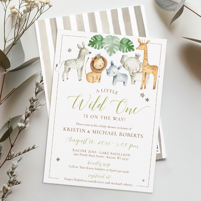 Convite Pequeno Chá de fraldas Safari Animal Selvagem (Watercolor jungle safari zoo animals Little Wild One green tropical simple baby boy shower invite)