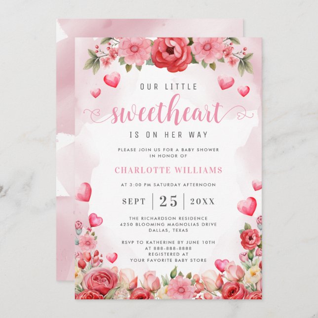 Convite Pequeno Chá de fraldas Sweetheart Corações Florais (Frente/Verso)
