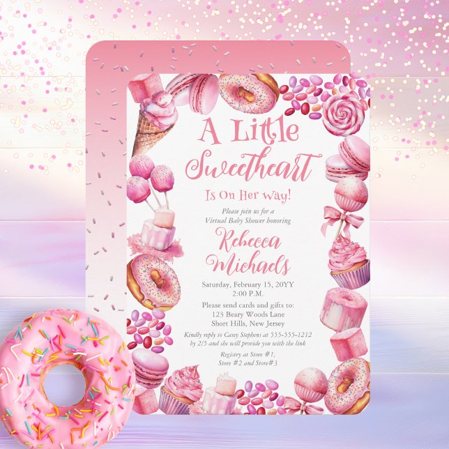 Convite Pequeno Chá de fraldas Virtual de Quadro de Doces ("A Little Sweetheart Is On Her Way" Pink Candy and Bakery Treat Frame Virtual Baby Shower Invitation)