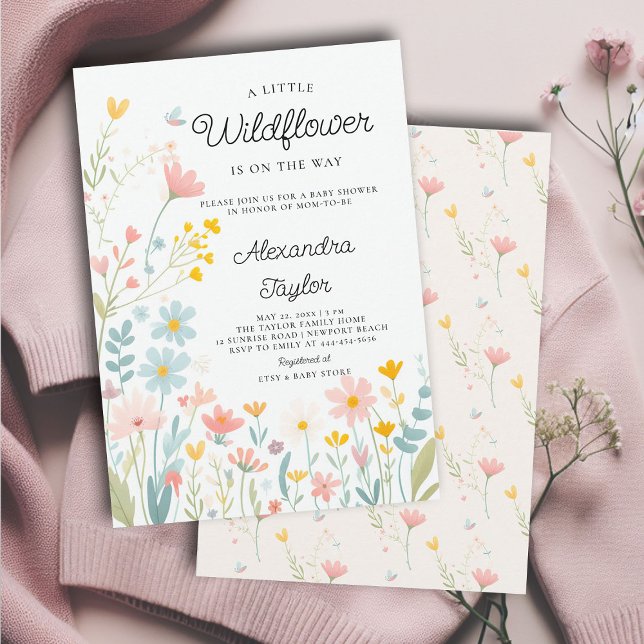 Convite Pequeno Chá de Garota Branca Pequena (little wildflower on way baby girl shower invitation cottage garden whimsical yellow peach pastel)