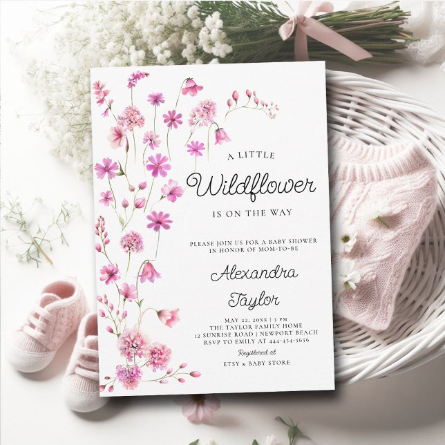 Convite Pequeno Chá de Garota Branca Rosa-de-Flor (little wildflower baby girl shower invitation cottage garden watercolor pink fuchsia boho chic tiny)