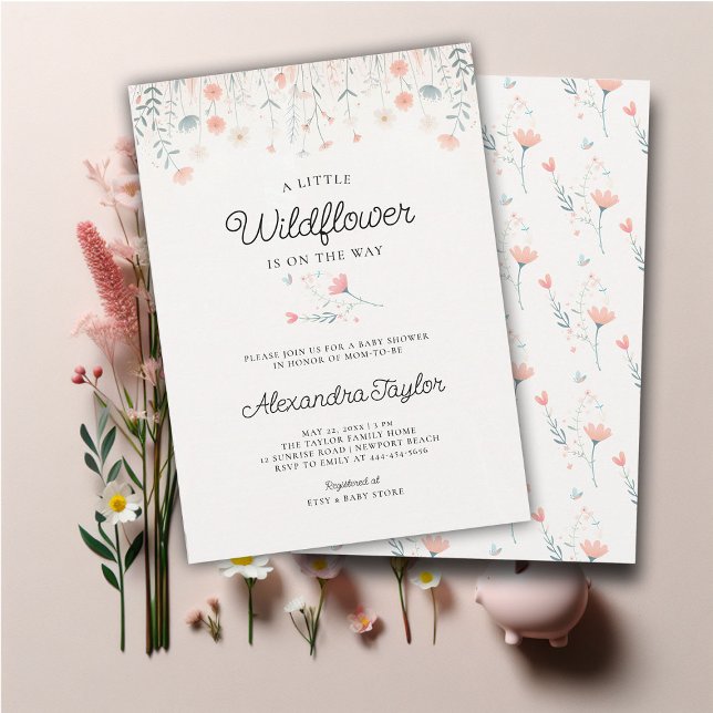 Convite Pequeno Chá de Garota-de-Coral-Pequeno (little wildflower baby girl shower invitation cottage garden watercolor pink teal pastel tiny flower)
