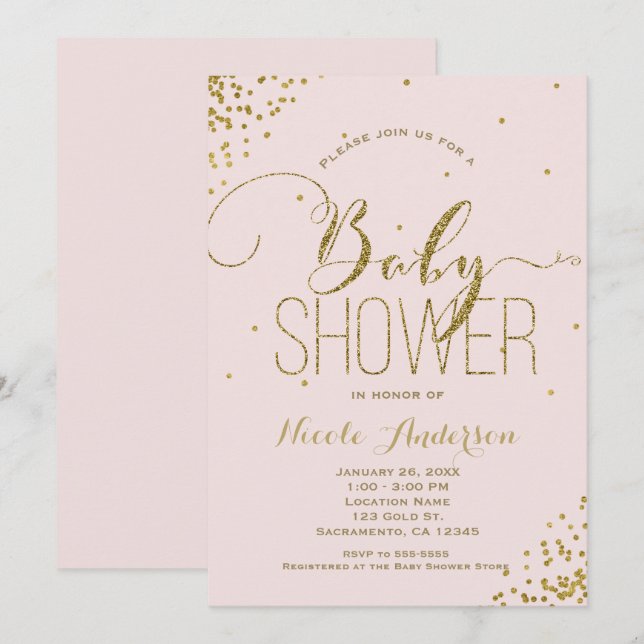 Convite Pequeno Chuveiro Cor-de-Rosa e Dourado Glam Glitte (Frente/Verso)