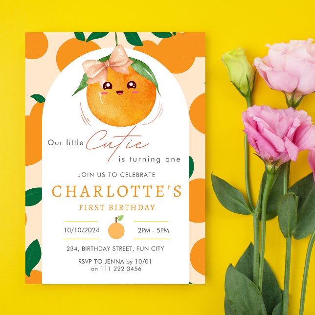 Convite Pequeno Citro Laranja 1 rua Primeiro Aniversário (Little Cutie Orange Citrus 1st First Birthday Invitation)