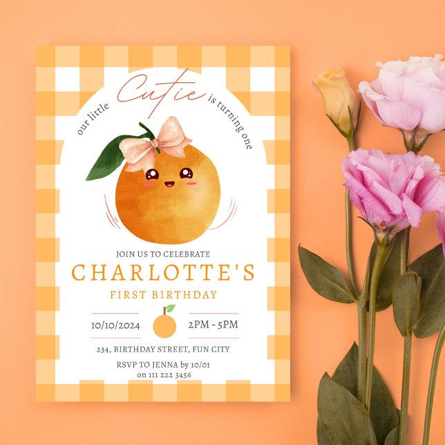 Convite Pequeno Citro Laranja 1 rua Primeiro Aniversário (Little Cutie Orange Citrus 1st First Birthday Invitation)