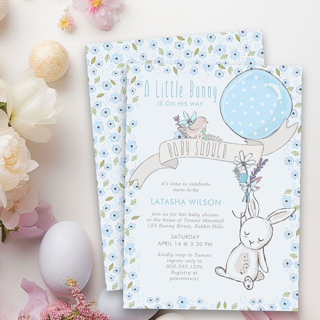 Convite Pequeno Coelhinho com Chá de fraldas de Garoto Bon (Boy Baby Shower Invitation from my Little Bunny & Balloon Baby Shower collection)