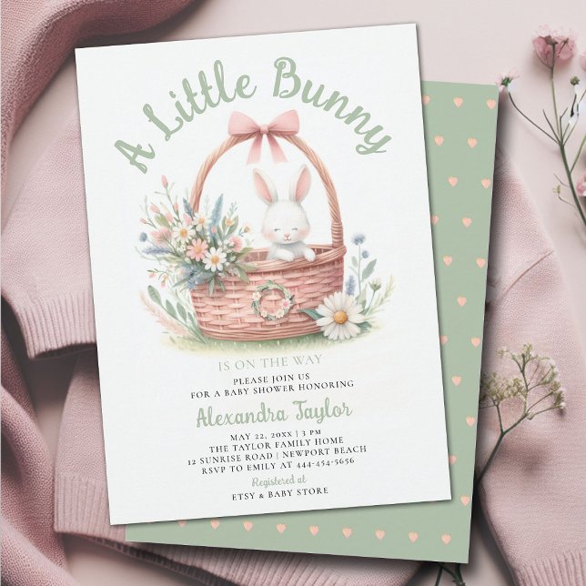 Convite Pequeno Coelhinho de Flores Selvagens Picnic Chá (a little bunny baby girl shower invitation springtime easter garden picnic wildflowers pink green)
