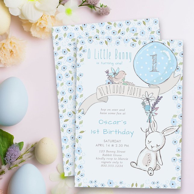 Convite Pequeno coelhinho e balão azul qualquer criança de (Little Bunny First Birthay Party Invitation - or edit to suit any age)