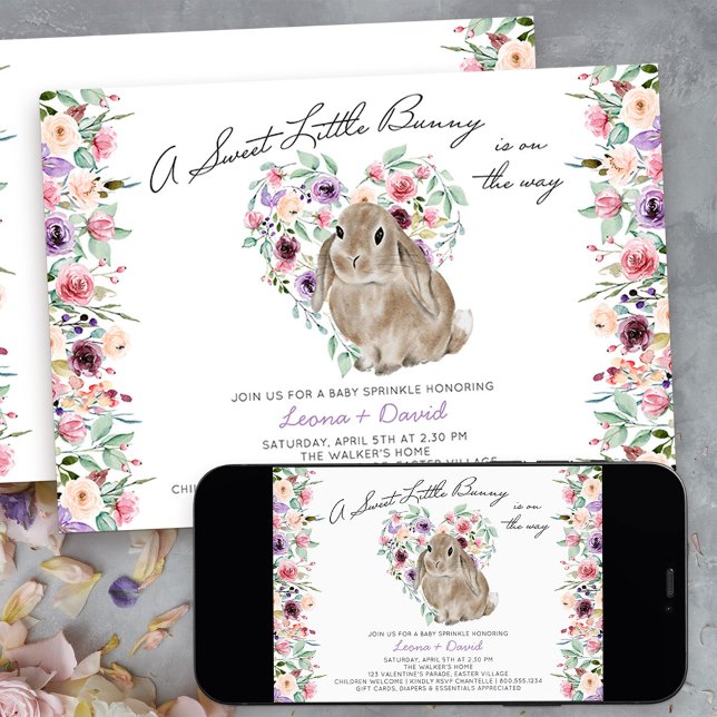 Convite Pequeno Coelhinho Floral Amor Cardíaco (Sweet little bunny baby sprinkle invitation - message me to create additional templates)