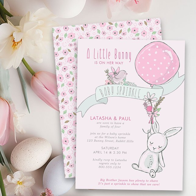 Convite Pequeno Coelho com Balão Menina Bebê Sprinkle (Girl Baby Sprinkle Invitation from my Little Bunny & Balloon Baby Shower collection)