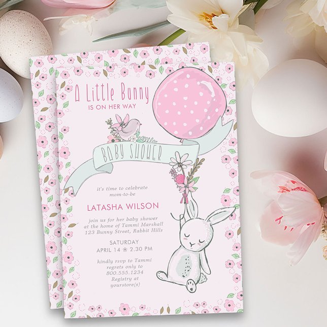 Convite Pequeno coelho com Chá de fraldas de Garota Bonita (Girl Baby Shower Invitation from my Little Bunny & Balloon Baby Shower collection)