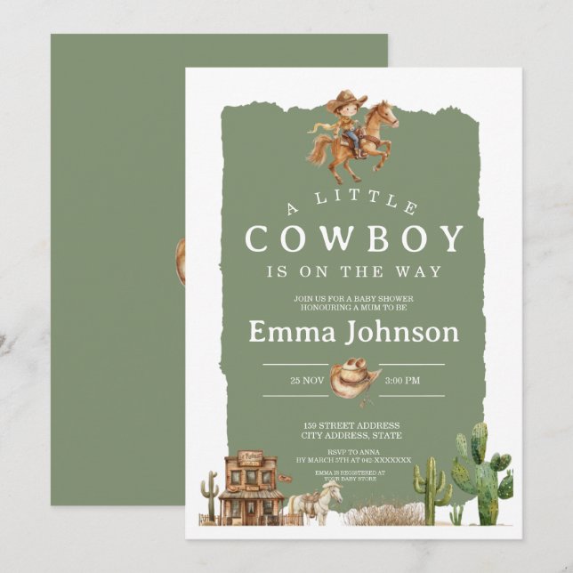 Convite Pequeno Cowboy a Caminho | Chá de Bebê Western (Frente/Verso)