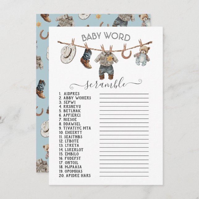 Convite Pequeno Cowboy Clothesline Baby Word Scramble (Frente/Verso)