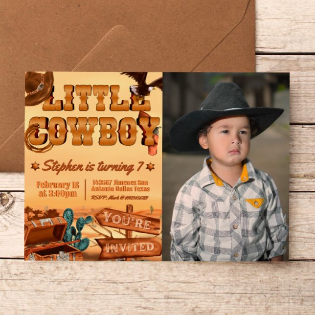 Convite Pequeno Cowboy com foto (Little Cowboy -  Boy Birthday Landscape Invitation with Picture)