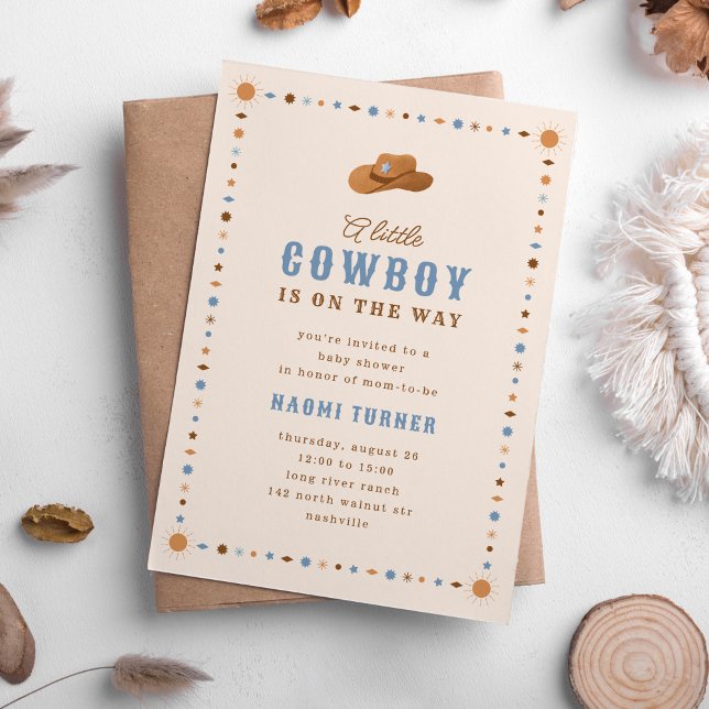 Convite Pequeno Cowboy no Caminho do Chá de fraldas Ociden (little cowboy on the way baby shower invitation in blue and browns.)