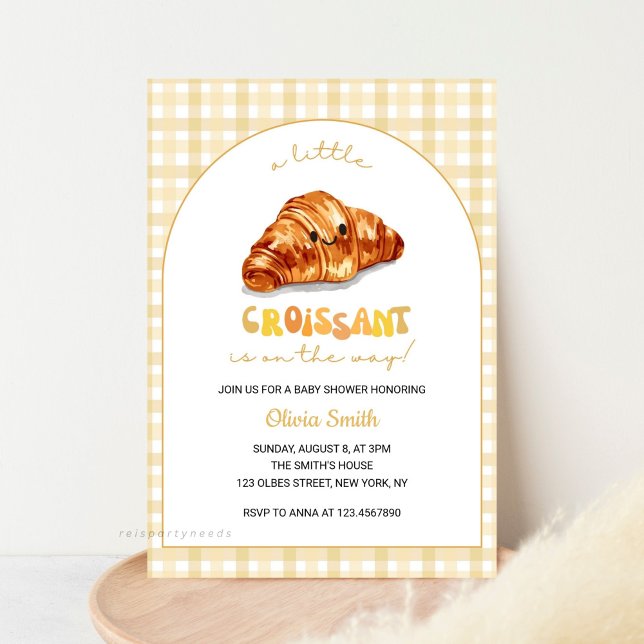 Convite Pequeno Croissant no Caminho Chá de fraldas (Baby Shower Invitation, for Boy or Girl, Little Bun in the Oven, Croissant Baby Invite, Watercolor C)