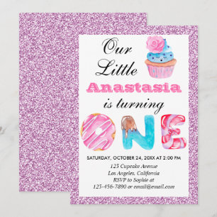 Convite Pequeno Cupcake Rosa Lilac-Glitac primeiro anivers