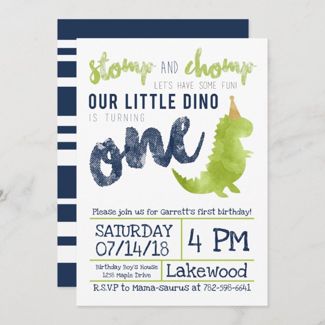 Convite Pequeno Dino Primeiro Aniversário Tema do Dinossau (Frente/Verso)