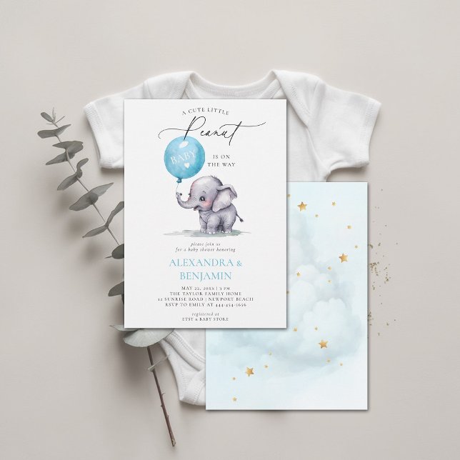 Convite Pequeno Elefante De Amendoim Chá De Bebê-Cor-De-Ág (little peanut baby shower invitation elephant balloon watercolor coed couple modern elegant chic)