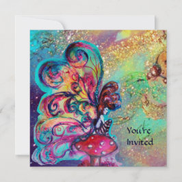 Convite PEQUENO ELF DE COGUMELOS, brilho azul amarelo dour